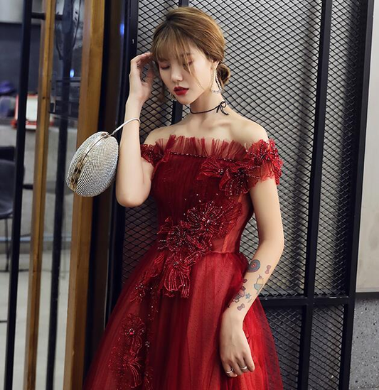 Wine Red Tulle With Beadings And Lace Off Shoulder Evening Gown, Wine Red Prom Dress gh202