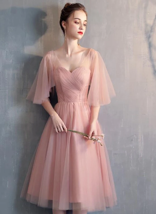 Lovely Tulle Pink A-Line Sweetheart Neckline Bridesmaid Dress, Pink Tulle Party Dress gh51