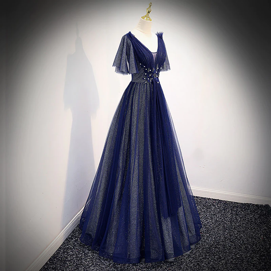 Navy Blue V-Neckline Long Tulle Party Dress With Sleeves, Blue Bridesmaid Dresses Party Dress gh45