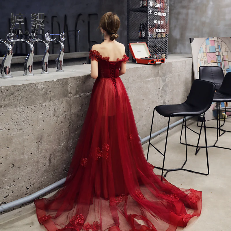 Wine Red Tulle With Beadings And Lace Off Shoulder Evening Gown, Wine Red Prom Dress gh202