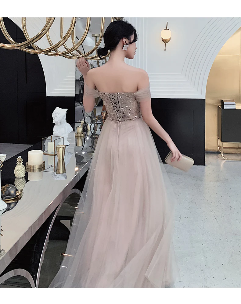 Charming Champagne Long Off Shoulder Prom Dress,Junior Prom Dress gh343