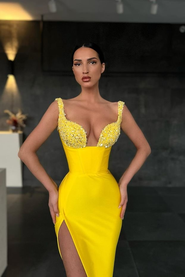Yellow Sequins Straps Mermaid Prom Dress With Slit gh638