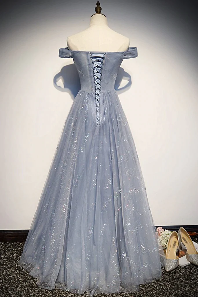 Beautiful Long Strapless Blue Tulle Beaded Long, A Line Off Shoulder Prom Dress gh7