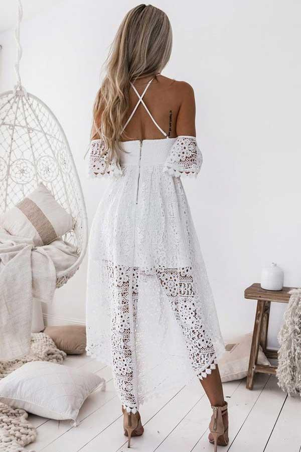 A-Line Straps Off-The-Shoulder High Low White Lace Homecoming Dress gh827