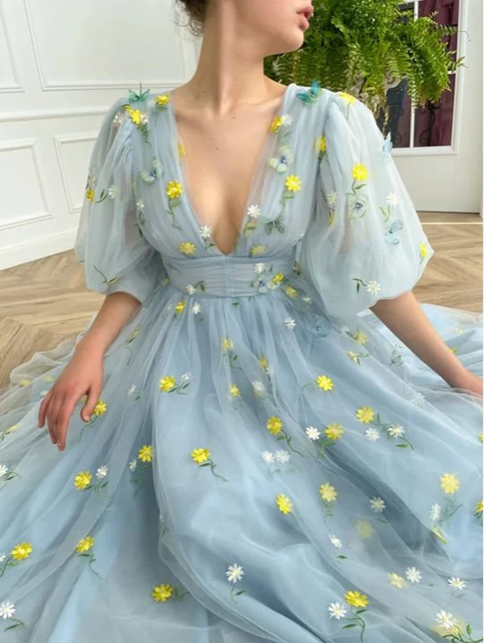 Blue floral tulle dress, Tulle dress prom, V-Neck puff sleeves prom dress, Wedding dress, Bridesmaid dress, Mesh Princess Dress gh1823