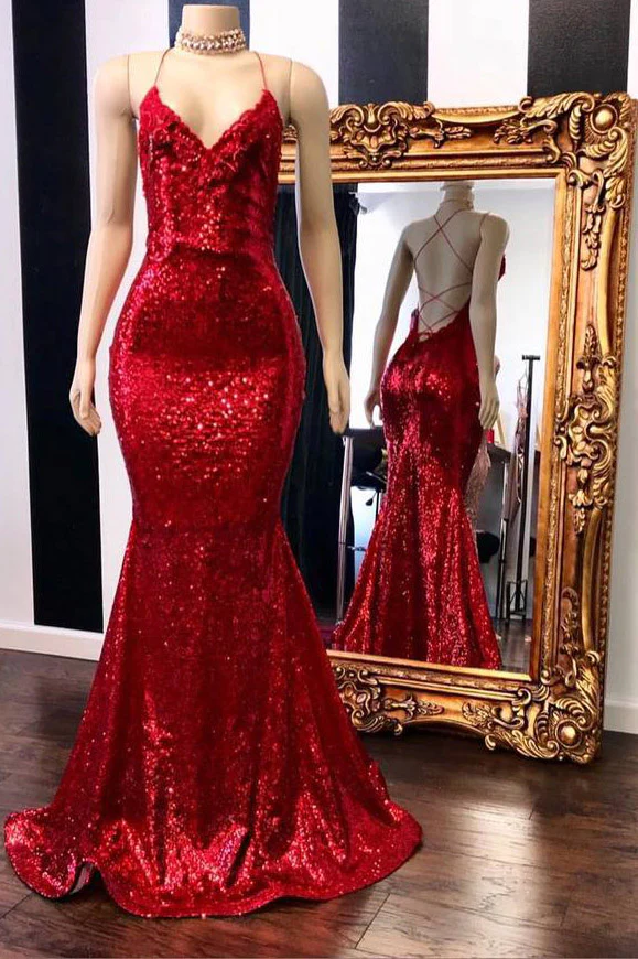 Spaghetti Straps Sequins Mermaid Long Red Prom Dress gh2455