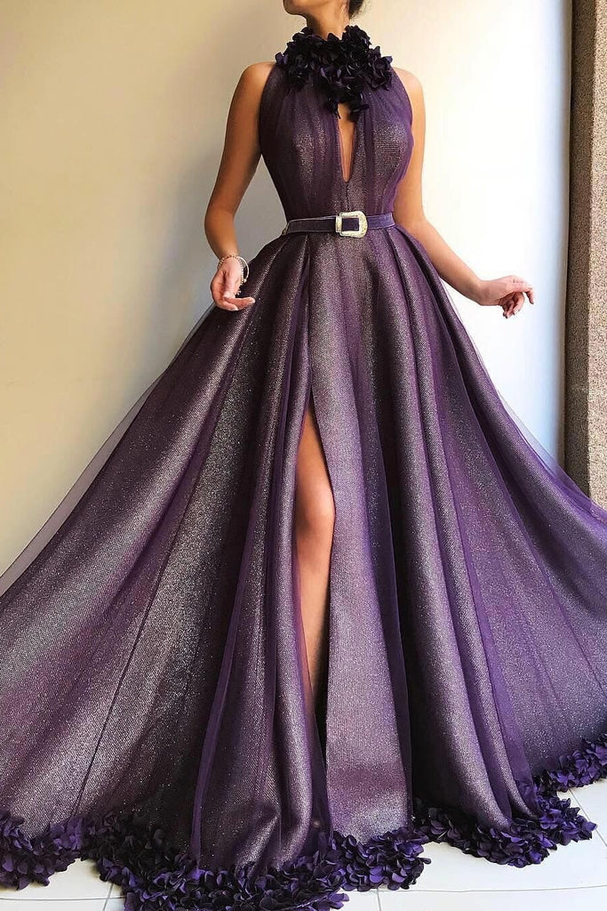 Pretty Halter Long Front Split Purple Prom Dress With Handmade Flower gh2148