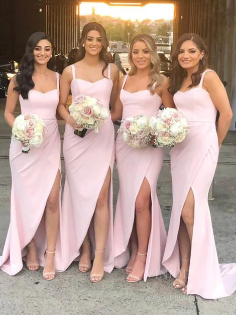 Modest Wide Strap Pink Sheath Bridesmaid Dresses with Side Slit gh2079