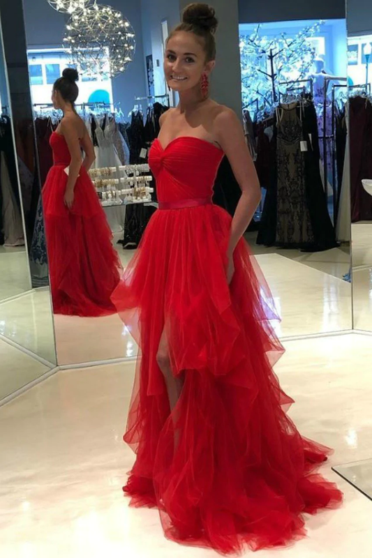 Sweetheart Backless Red Prom Dresses Tulle Ruffled Skirt gh2412