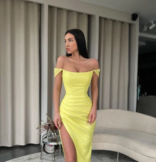 Yellow Off Shoulder Mermaid Side Slit Long Prom Dress With Train,Party Dress,Evening Dress ,Slit Dress gh2381