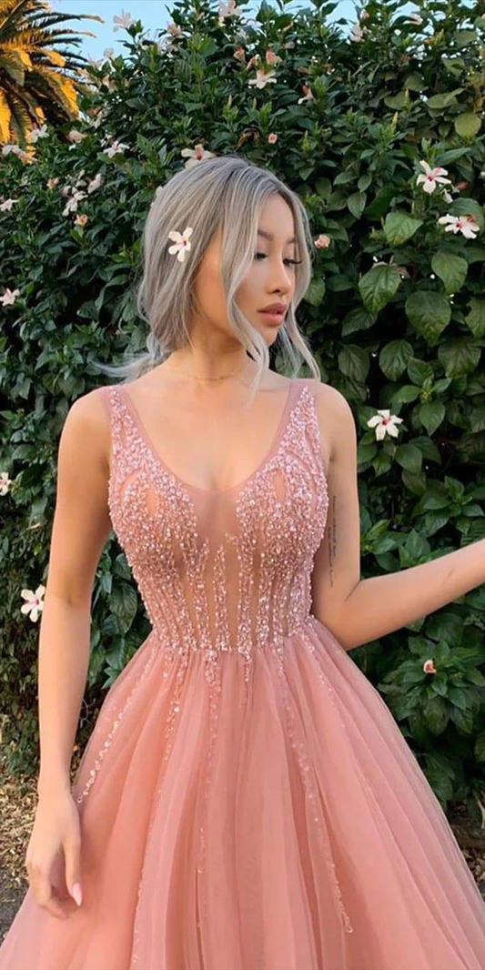 V-neck Long A-line Blush Pink Prom Dresses, Beaded Seqiun Prom Dresses,Prom Dresses gh2531