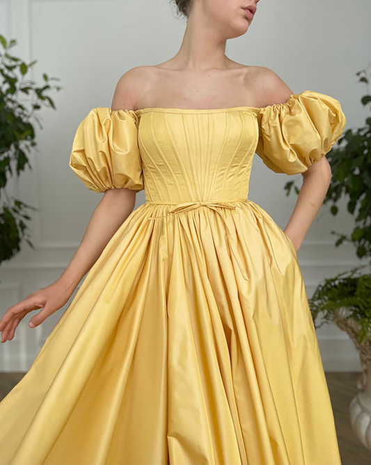 Vintage Fairy Corset Dress, A line Straight Long Yellow Taffeta Prom Dress Ball Gown, Short Sleeve Wedding Ball Gown Prom Dress with Slit gh2420