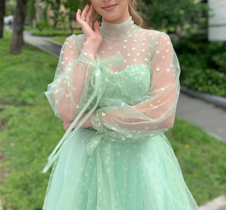 Light Green Short Tulle Prom Dresses,Long Sleeve Homecoming Party Dress fg2705
