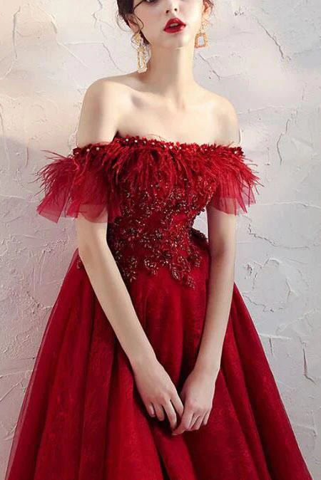 Burgundy Off The Shoulder Knee Length Homecoming Dress With Beading, A Line Dress fg2553