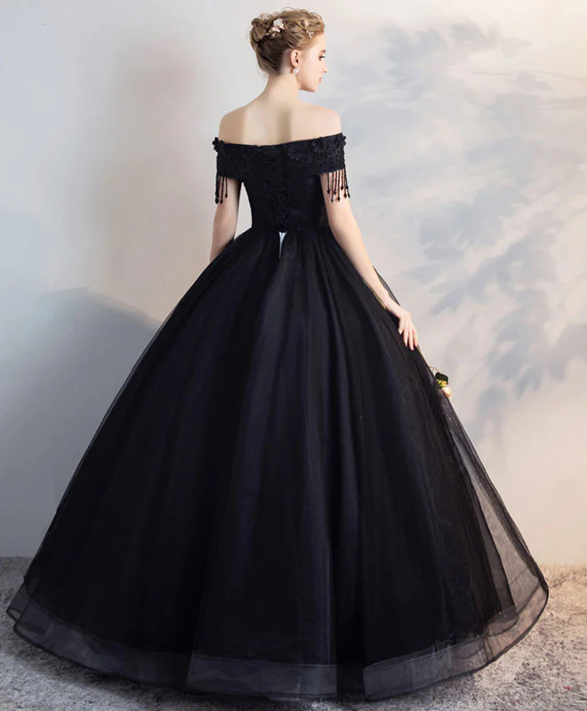 Black Off Shoulder Lace Tulle Long Prom Dress, Black Evening Dress fg2629
