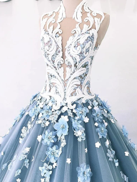 Vintage Ball Gown Prom Dress Tulle High Neck Customed Prom Dress fg3052