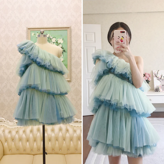 Unique One Shoulder Tulle Homecoming Dress, Short Layers Party Dress fg2551