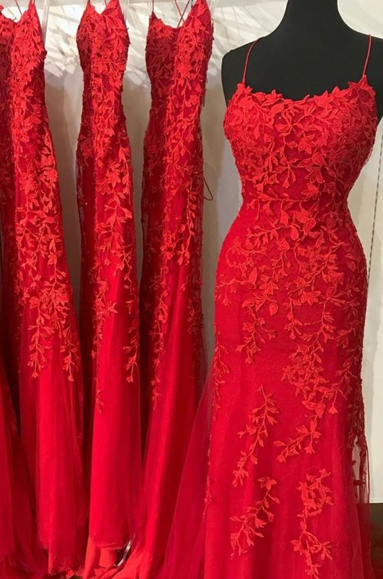 A Line red prom dress lace gown with strappy lace up back fg2674