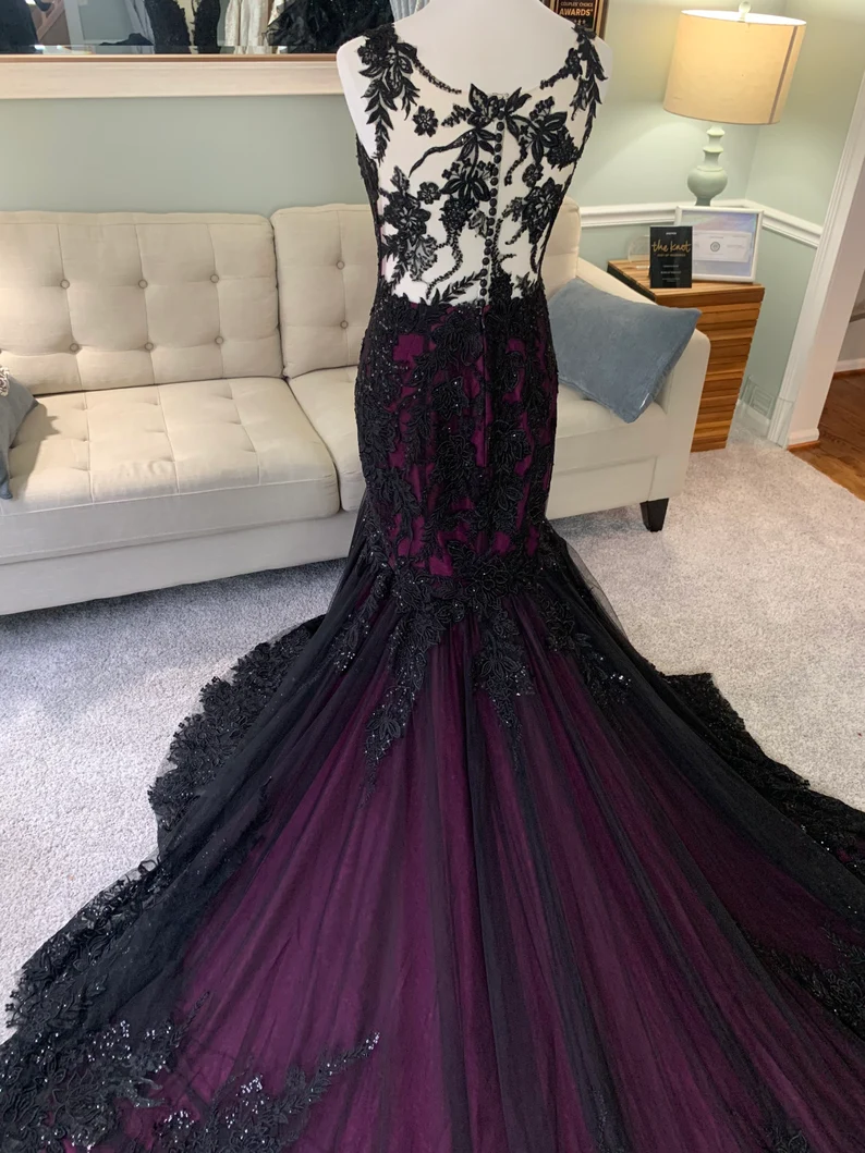 Black and Purple Wedding Dress, Gothic Wedding Dress, Trumpet Black Dress, Formal Dress fg2556