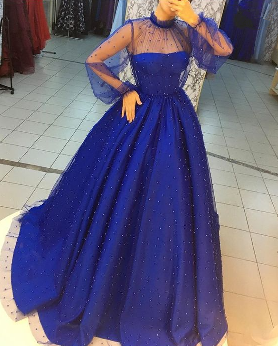 Royal blue tulle prom dress one shoulder evening dress fg2485