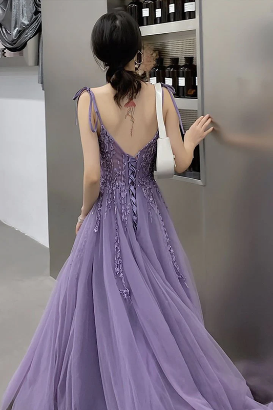 Lavender a line v neck sleeveless appliques lace sweep train Prom Dresses fg2516