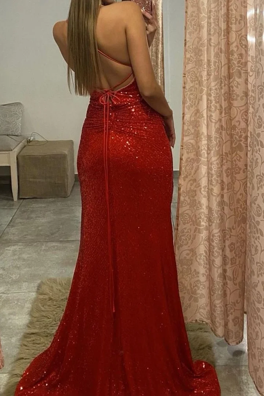 Red Sequins Mermaid Prom Dress V-Neck With Split Spaghetti-Straps fg3128
