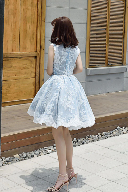Light Sky Blue Homecoming Dress With Lace Appliques, Cute Short Formal Dress fg2544