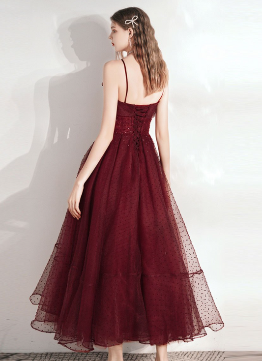 Burgundy sweetheart tulle tea length prom dress fg2804