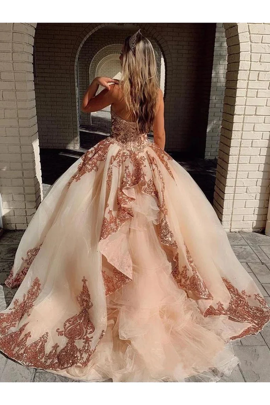 Champagne Tulle Rosewood Appliques Sweetheart Neckline Sweetheart Ball Gown Quinceanera Dresses Prom Dresses fg2497
