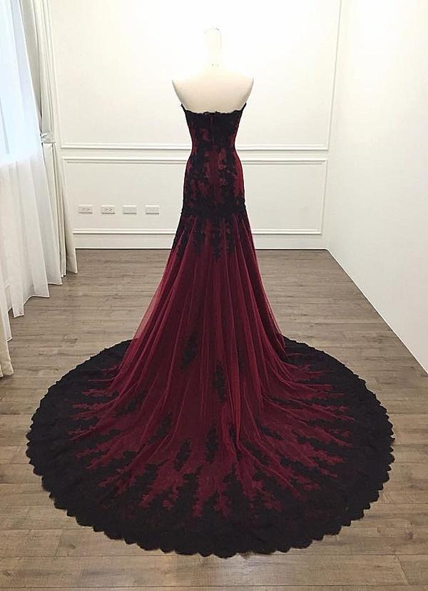Black And Red Sweetheart Tulle With Lace Glam Evening Gown Party Dress, Long Formal Dress fg2557