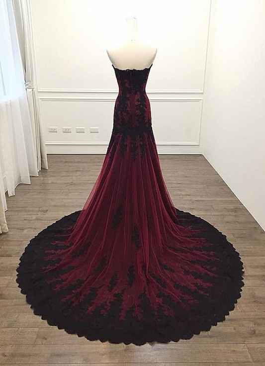 Black And Red Sweetheart Tulle With Lace Glam Evening Gown Party Dress, Long Formal Dress fg2557