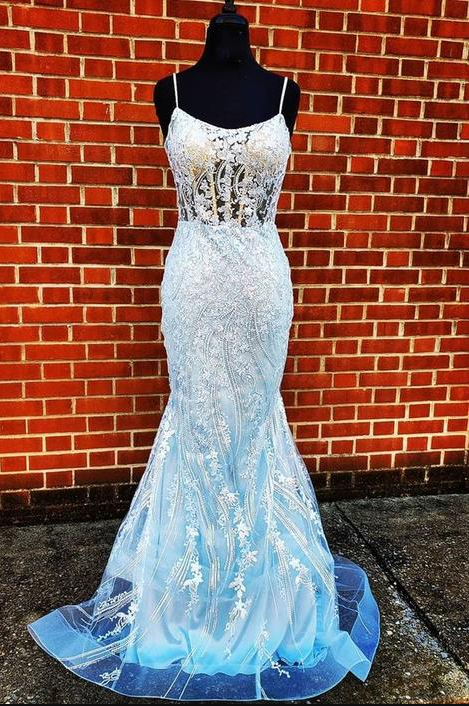 mermaid light blue long prom dress with spaghetti straps fg2563