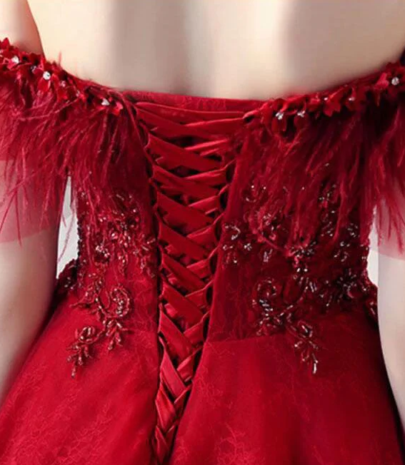 Burgundy Off The Shoulder Knee Length Homecoming Dress With Beading, A Line Dress fg2553