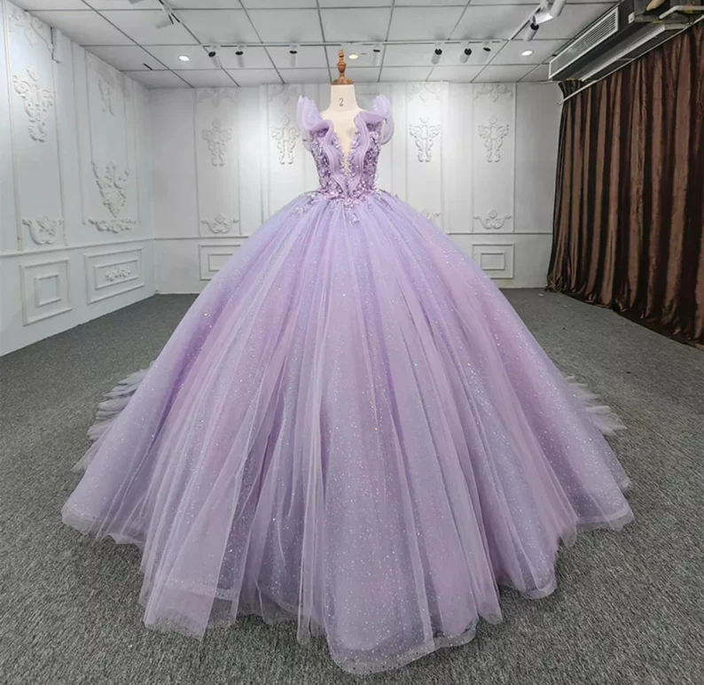 Shimmering Beaded Layered & Ruffled Deep V Neck Quinceañera Princess Ball Gown fg2712