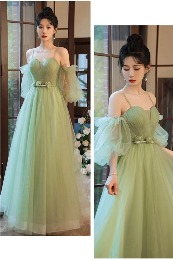 green tulle a line long prom dress, green tulle formal dress fg2704