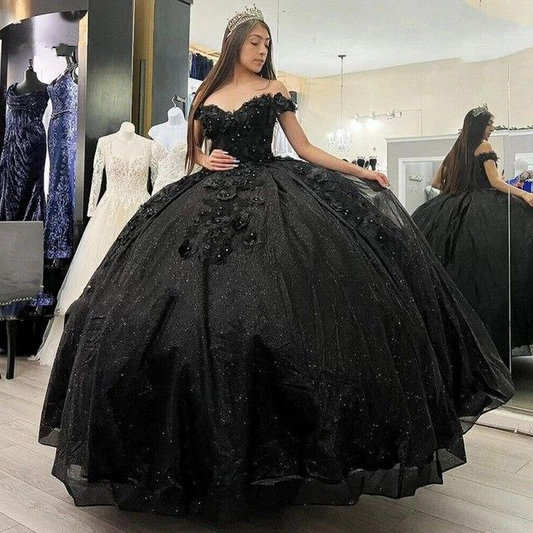 Shiny Black Quinceanera Off Shoulder Dress Sweet 15 16 Party Ball Gown Prom Dress fg4072