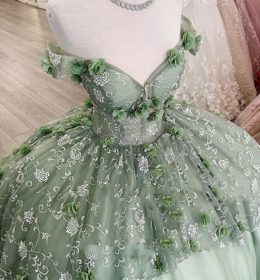 Mint Green Floral Lace Handmade Flowers Quinceanera Dresses lace-up corset Off Shoulder Tiered Corset For Sweet 15 Girls Party fg3247