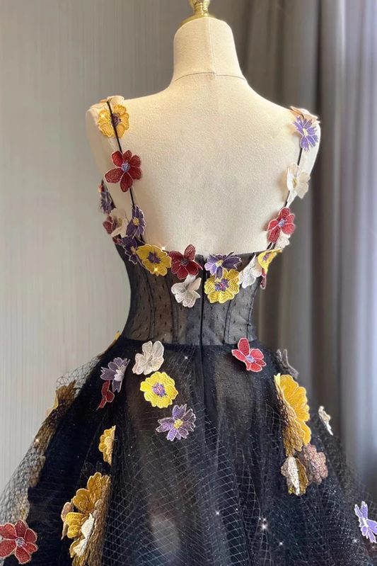 A Line Black Tulle Prom Dress With Flowers Puffy Quinceanera Dresses fg3963