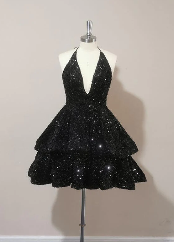 Sparkly Halter Sequin Cocktail Dresses Black Short Prom Dresses fg3629
