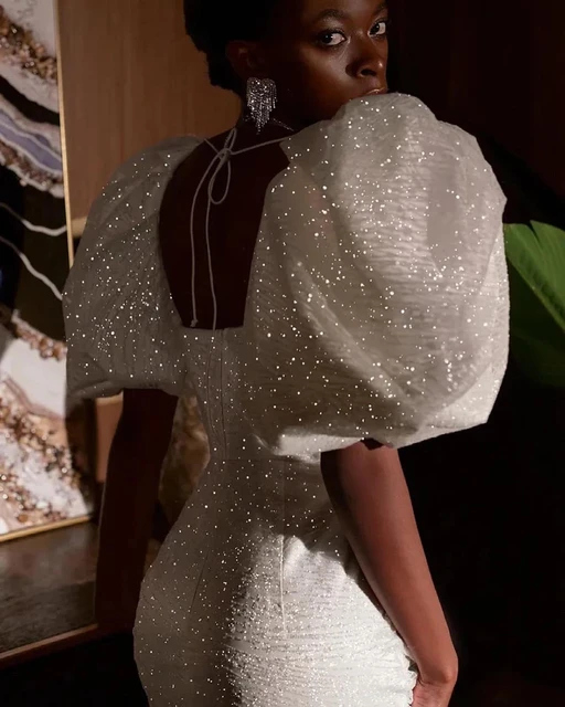 Puffy Sleeve Strapless White Elegant Cocktail Dresses Sheath Short Prom Dress fg3501