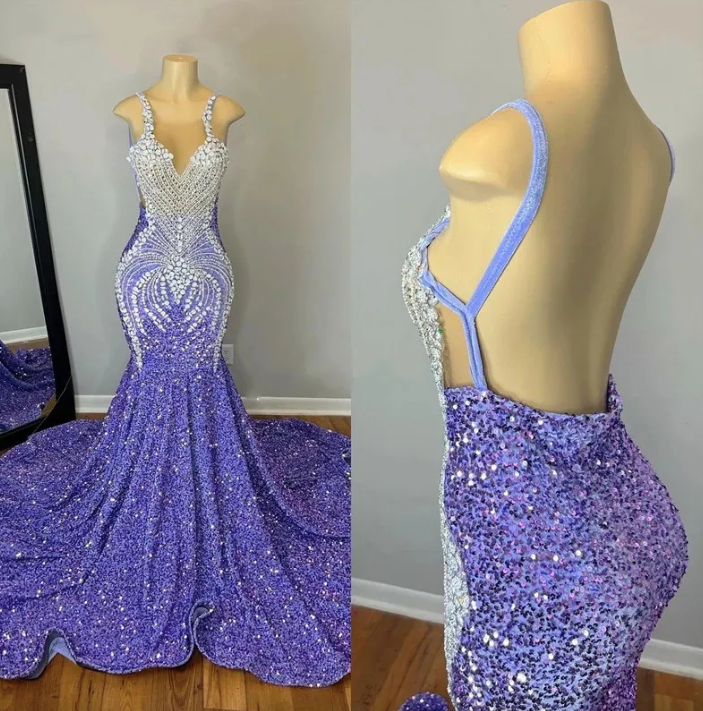 Sexy Lavender Mermaid Prom Dresses For Black Girls Crystal Rhinestone Sequins Open Back Formal Birthday Party Gowns fg3639
