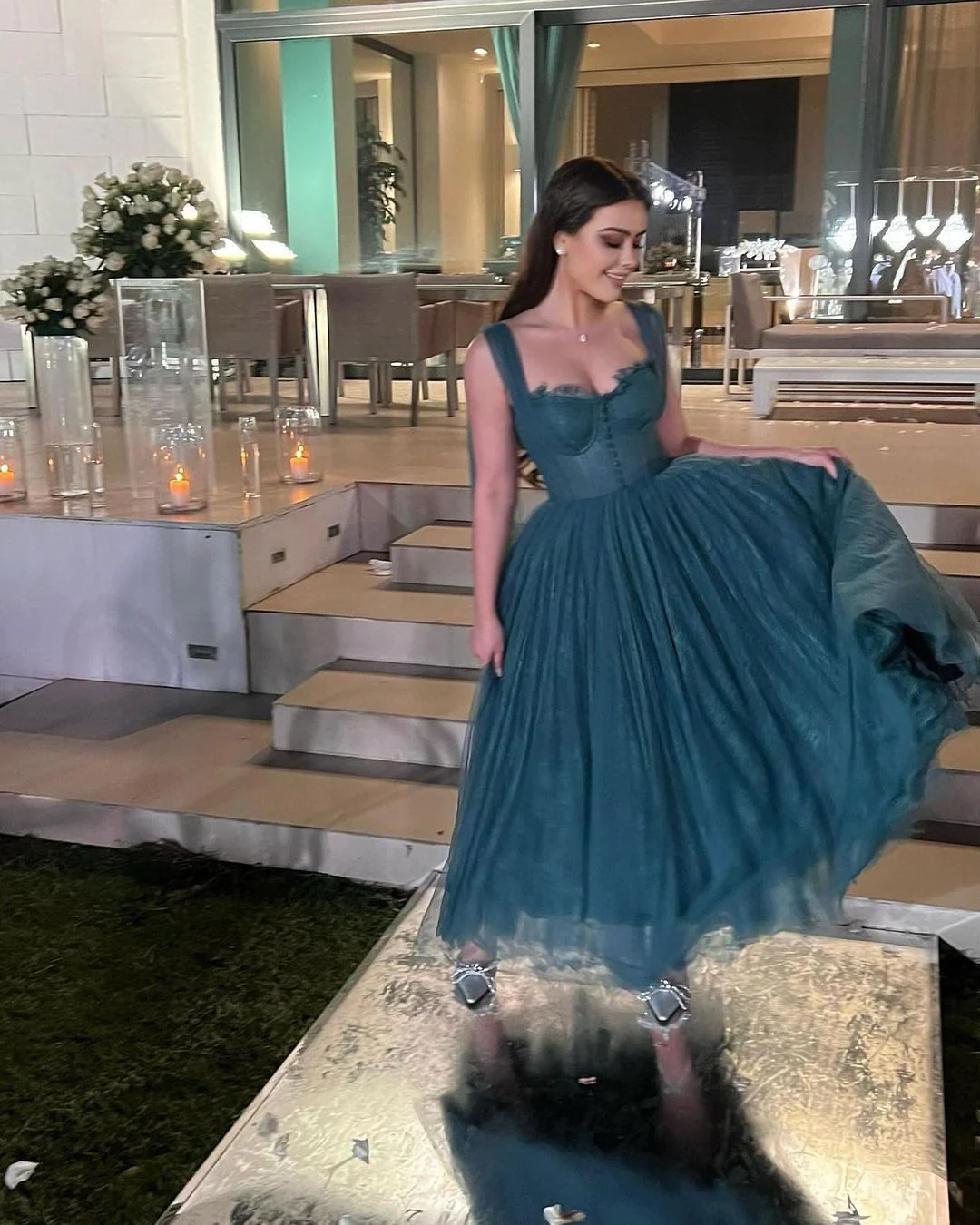 Gray Blue Straps Lace Tulle Popular Modest Prom Dress fg2550