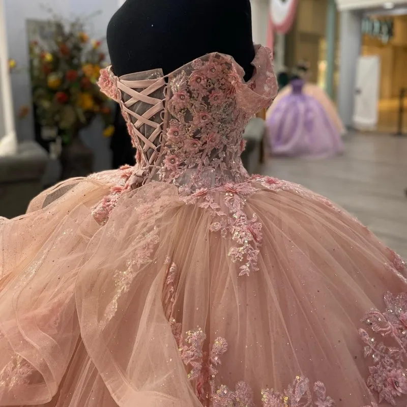 Pink Lace Long Prom Dresses, Ball Gown Sweet 16 Dresses fg3427
