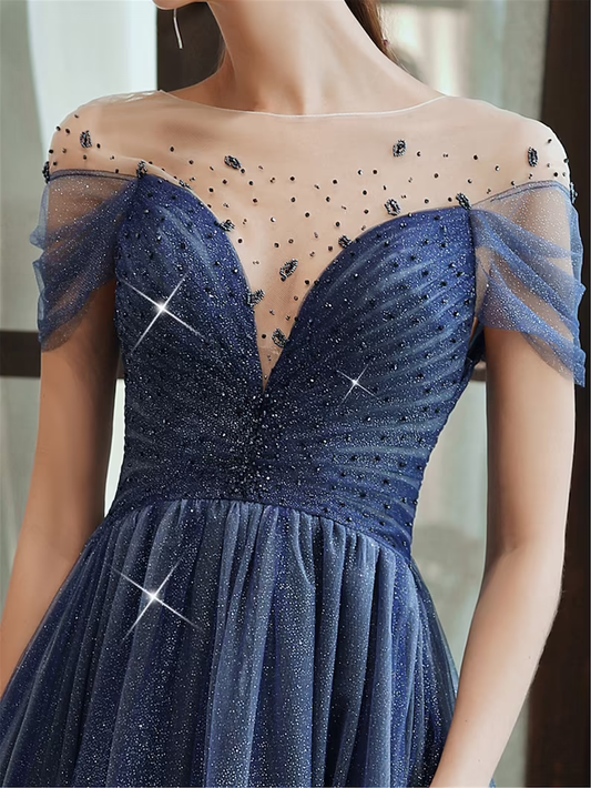 Starry Blue Prom Dress Off Shoulder Floral Event Dress Sparkling Long Party Dress Aline Event Dress Gradient Long Dress Fairy Glitter Dress gh2637