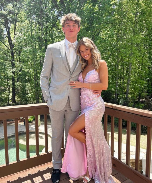 Spaghetti Straps Flower Pink Prom Dress With Slit gh2858