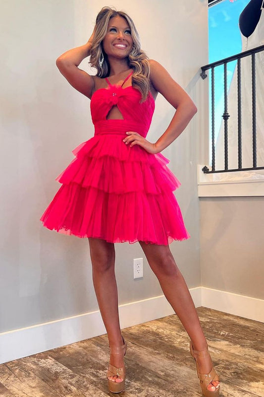 Red A-Line Silhouette with Halter Neck and Layered Tulle Skirt Homecoming Dress