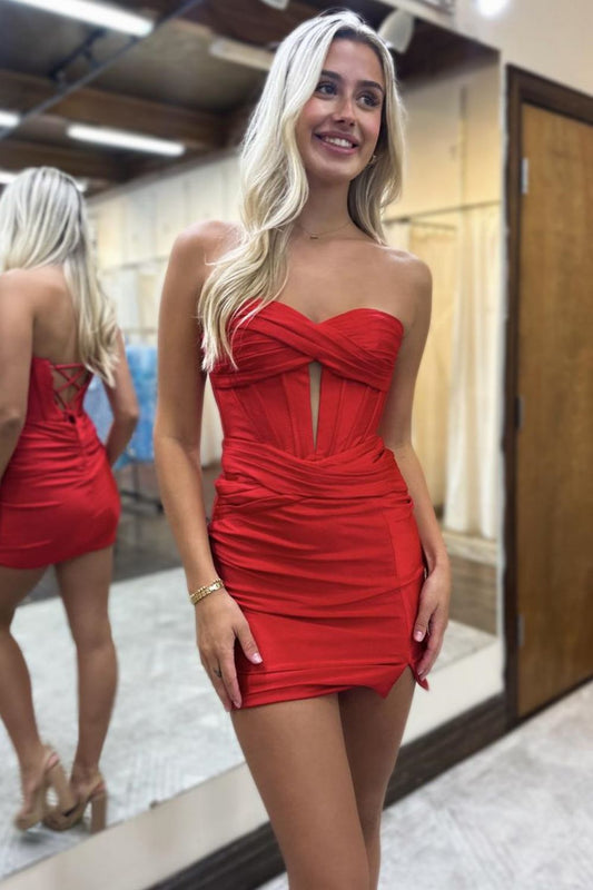 Royal Blue Sweetheart Bodycon Short Satin Homecoming Dress with Side Slit