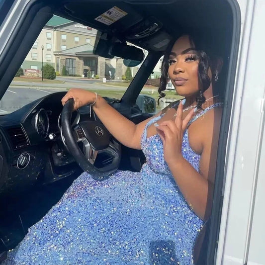 Sexy Plus Size Long Sky Blue Prom Dresses For Black Girls