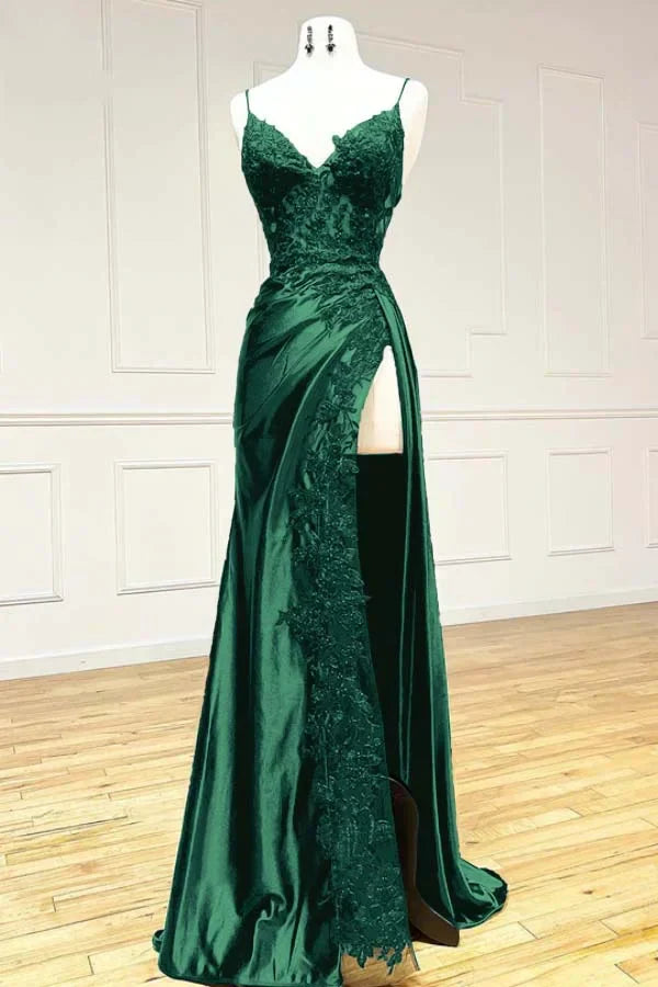 Vintage Applique V-neck Spaghetti Strap Satin Floor-length High Slit Prom Dress Evening Dress TP4323
