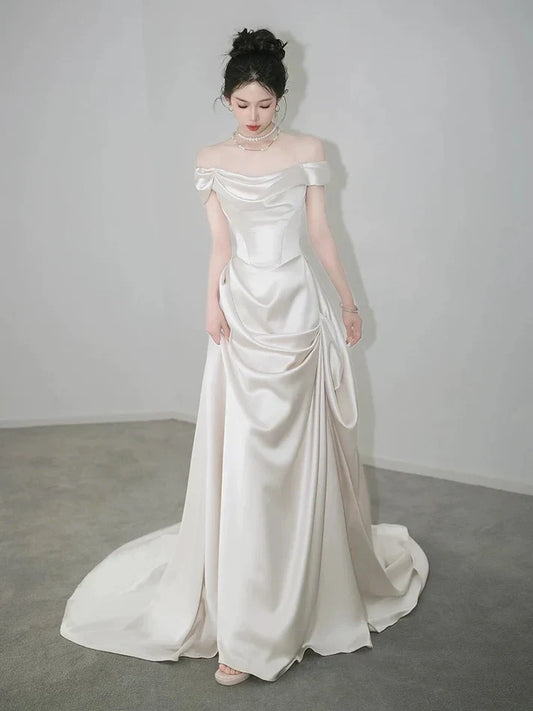 Retro Off-the-shoulder Floor Length Design Elegant Satin A-Line Wedding Dress TP4103